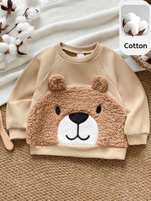 PrepCrw 男嬰休閒可愛毛絨3D刺繡熊長袖衛衣 - 杏色 - 查看 1