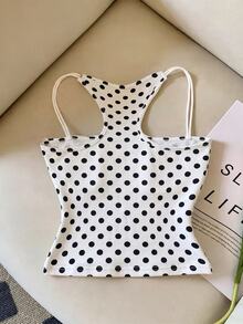 Franclia Tank Top Kasual Serbaguna Motif Polkadot untuk Wanita - Hitam dan Putih - View 2