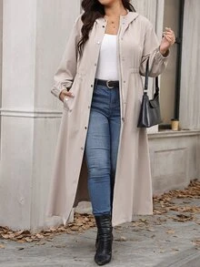 Reflora Plus Size Solid Color Hooded Long Jacket Office Vacation Teacher Formal Work Autumn Grey Casual Elegant Gothic - Khaki - View 6