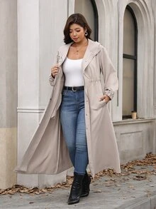 Reflora Plus Size Solid Color Hooded Long Jacket Office Vacation Teacher Formal Work Autumn Grey Casual Elegant Gothic - Khaki - View 5