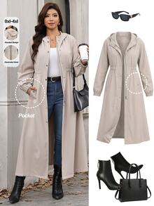 Reflora Plus Size Solid Color Hooded Long Jacket Office Vacation Teacher Formal Work Autumn Grey Casual Elegant Gothic - Khaki - View 3