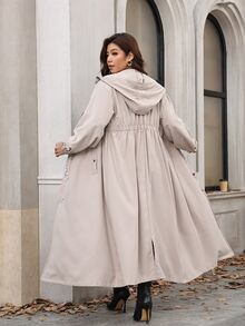 Reflora Plus Size Solid Color Hooded Long Jacket Office Vacation Teacher Formal Work Autumn Grey Casual Elegant Gothic - Khaki - View 10