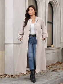 Reflora Plus Size Solid Color Hooded Long Jacket Office Vacation Teacher Formal Work Autumn Grey Casual Elegant Gothic - Khaki - View 4