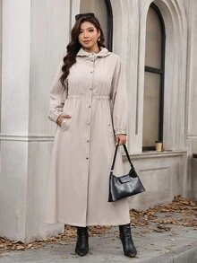 Reflora Plus Size Solid Color Hooded Long Jacket Office Vacation Teacher Formal Work Autumn Grey Casual Elegant Gothic - Khaki - View 7