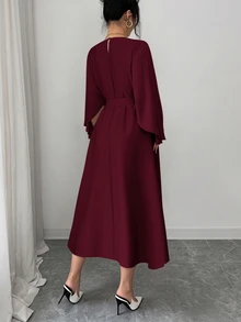SHEIN Raffinéa 女士优雅精致通勤外出约会装扮蝙蝠袖收腰长款卡其色连衣裙，春夏款 - 紅色 - 查看 2