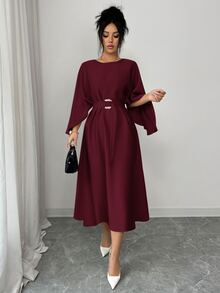 SHEIN Raffinéa 女士优雅精致通勤外出约会装扮蝙蝠袖收腰长款卡其色连衣裙，春夏款 - 紅色 - 查看 4