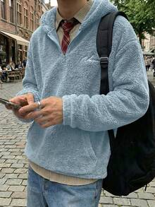 HIMLAND 男士休閒保守款可翻面刺繡連帽衛衣，抓絨連身衣，秋冬度假假日穿搭，石板藍 - 藍色 - 查看 9