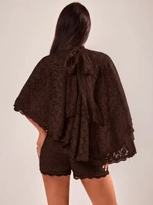 SHEIN BAE Spring/Summer Apricot High Neck Lace Tie Cape Top + Shorts Set, French Romantic Style Vacation Date 2-Piece Outfit - Coffee Brown - View 2