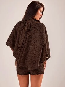 SHEIN BAE Spring/Summer Apricot High Neck Lace Tie Cape Top + Shorts Set, French Romantic Style Vacation Date 2-Piece Outfit - Coffee Brown - View 6