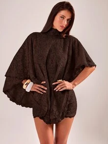SHEIN BAE Spring/Summer Apricot High Neck Lace Tie Cape Top + Shorts Set, French Romantic Style Vacation Date 2-Piece Outfit - Coffee Brown - View 7
