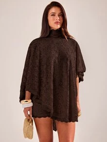 SHEIN BAE Spring/Summer Apricot High Neck Lace Tie Cape Top + Shorts Set, French Romantic Style Vacation Date 2-Piece Outfit - Coffee Brown - View 4