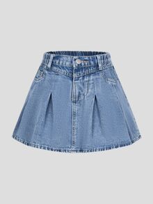 SHEIN 青少年女孩复古水洗牛仔时尚百搭舒适休闲简约松紧腰褶皱牛仔裙 - 淺色水洗藍 - 查看 6