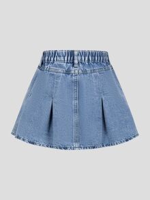 SHEIN 青少年女孩复古水洗牛仔时尚百搭舒适休闲简约松紧腰褶皱牛仔裙 - 淺色水洗藍 - 查看 2