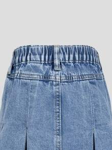 SHEIN 青少年女孩复古水洗牛仔时尚百搭舒适休闲简约松紧腰褶皱牛仔裙 - 淺色水洗藍 - 查看 5