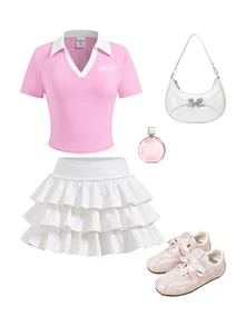 SHEIN 2件組青少年女孩休閒時尚對比色 Polo 短袖 T恤與荷葉邊裙擺套裝 - 粉色 - 查看 1
