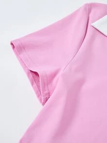 SHEIN 2件組青少年女孩休閒時尚對比色 Polo 短袖 T恤與荷葉邊裙擺套裝 - 粉色 - 查看 5