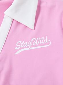 SHEIN 2件組青少年女孩休閒時尚對比色 Polo 短袖 T恤與荷葉邊裙擺套裝 - 粉色 - 查看 3