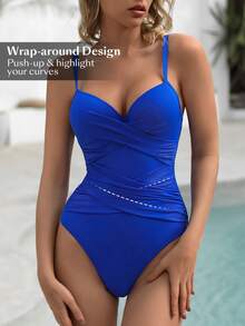 Swim Chiccia Summer Beach Women's Ruched One-Piece Swimsuit With Spaghetti Straps Carnival - Royal Blue - View 6