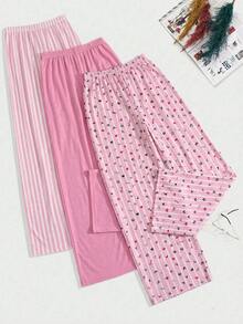SHEIN TALL SIZE Women Cotton 3 Pcs One Solid Pink Colour & Striped And LOVE Pattern Long Pants Homewear Comfort Casual Sleep Bottoms Set - Multicolor - View 3