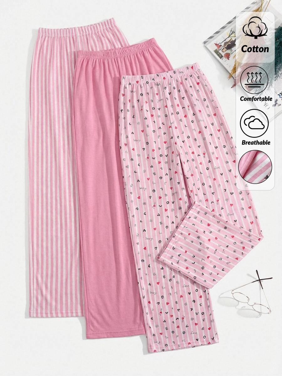 SHEIN TALL SIZE Women Cotton 3 Pcs One Solid Pink Colour & Striped And LOVE Pattern Long Pants Homewear Comfort Casual Sleep Bottoms Set