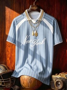 Aesthetic Post 復古棒球球衣字母徽章條紋 Polo 衫 夏季對比色寬鬆休閒棒球短袖上衣，休閒運動球衣上衣，足球 - 彩色 - 查看 4