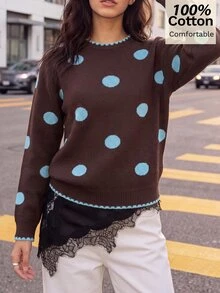 Siren Gaze 女款棕色圓點圓領純棉毛衣，寬鬆柔軟舒適的休閒上衣，適合秋冬日常穿著 - 棕色 - 查看 8