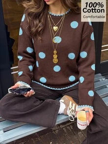 Siren Gaze 女款棕色圓點圓領純棉毛衣，寬鬆柔軟舒適的休閒上衣，適合秋冬日常穿著 - 棕色 - 查看 7
