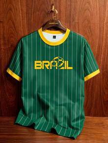 Aesthetic Post Bloke Core 運動時尚男士休閒條紋字母印花T恤，夏季巴西球衣 Brasil T-shirt 綠色條紋足球球衣 - 彩色 - 查看 5