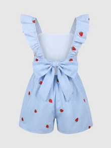 SHEIN Tween Girl Casual Daily Versatile Comfortable Fitted Striped Ruffle Romper Tween Girl - Blue - View 3