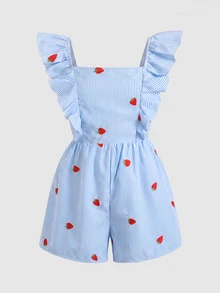 SHEIN Tween Girl Casual Daily Versatile Comfortable Fitted Striped Ruffle Romper Tween Girl - Blue - View 2
