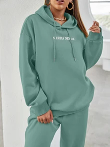 EURMUSE Cotton Slogan Graphic Drop Shoulder Drawstring Hoodie & Sweatpants - Mint Green - View 5