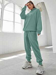EURMUSE Cotton Slogan Graphic Drop Shoulder Drawstring Hoodie & Sweatpants - Mint Green - View 4