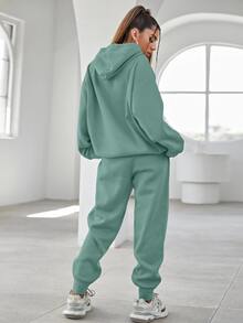 EURMUSE Cotton Slogan Graphic Drop Shoulder Drawstring Hoodie & Sweatpants - Mint Green - View 2