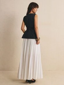 Poéselle 黑白條紋米白色背心百褶裙兩件套女裝 皮革腰帶 四季套裝 教師節 辦公室商務休閒 夏季 - 黑色 - 查看 3