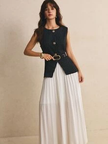 Poéselle 黑白條紋米白色背心百褶裙兩件套女裝 皮革腰帶 四季套裝 教師節 辦公室商務休閒 夏季 - 黑色 - 查看 5