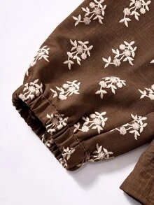 Rusticease 大尺碼法式刺繡百褶圓領長袖襯衫，棕色優雅1920年代風格，適合秋季早晚正式與休閒場合 - 咖啡棕 - 查看 4