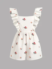 SHEIN Tween Girl Casual Daily Versatile Comfortable Fitted Floral Print Ruffle Back Bow Decor Jumpsuit Tween Girl - Apricot - View 2