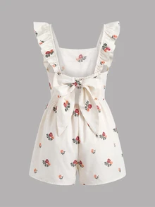 SHEIN Tween Girl Casual Daily Versatile Comfortable Fitted Floral Print Ruffle Back Bow Decor Jumpsuit Tween Girl - Apricot - View 3