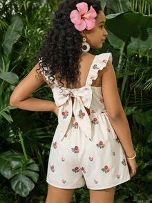 SHEIN Tween Girl Casual Daily Versatile Comfortable Fitted Floral Print Ruffle Back Bow Decor Jumpsuit Tween Girl - Apricot - View 1