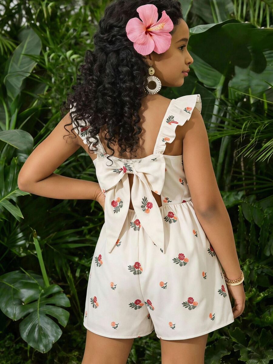 SHEIN Tween Girl Casual Daily Versatile Comfortable Fitted Floral Print Ruffle Back Bow Decor Jumpsuit Tween Girl - Apricot - View 1