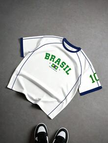 Aesthetic Post 復西足球T恤，男女款圖案T恤，白色，夏季，街頭風，度假，BRASIL 10號印花時尚運動足球上衣 - 彩色 - 查看 4