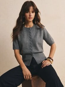 Poéselle 女款素色短袖單排扣休閒針織開襟衫 - 深灰色 - 查看 5