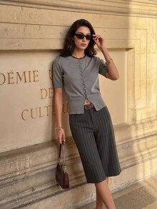 Poéselle 女款素色短袖單排扣休閒針織開襟衫 - 深灰色 - 查看 7