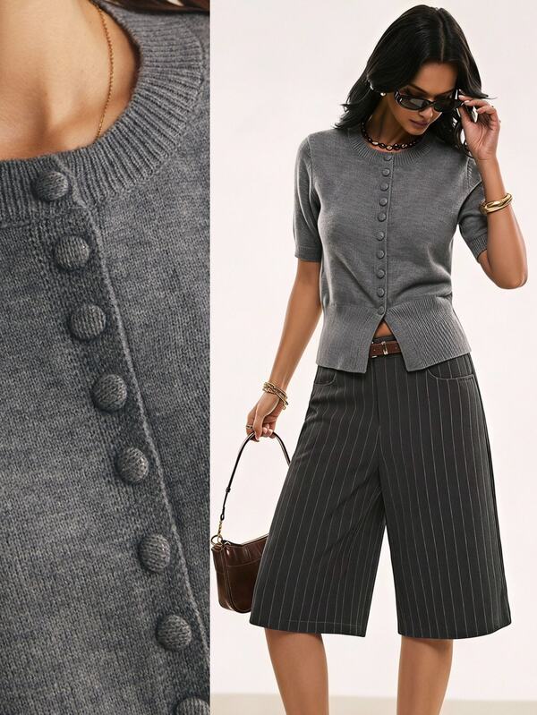 Poéselle Women's Solid Color Short Sleeve Single-Breasted Casual Elegant French Knit Cardigan Teachers' Day Brunch Office Grey Autumn