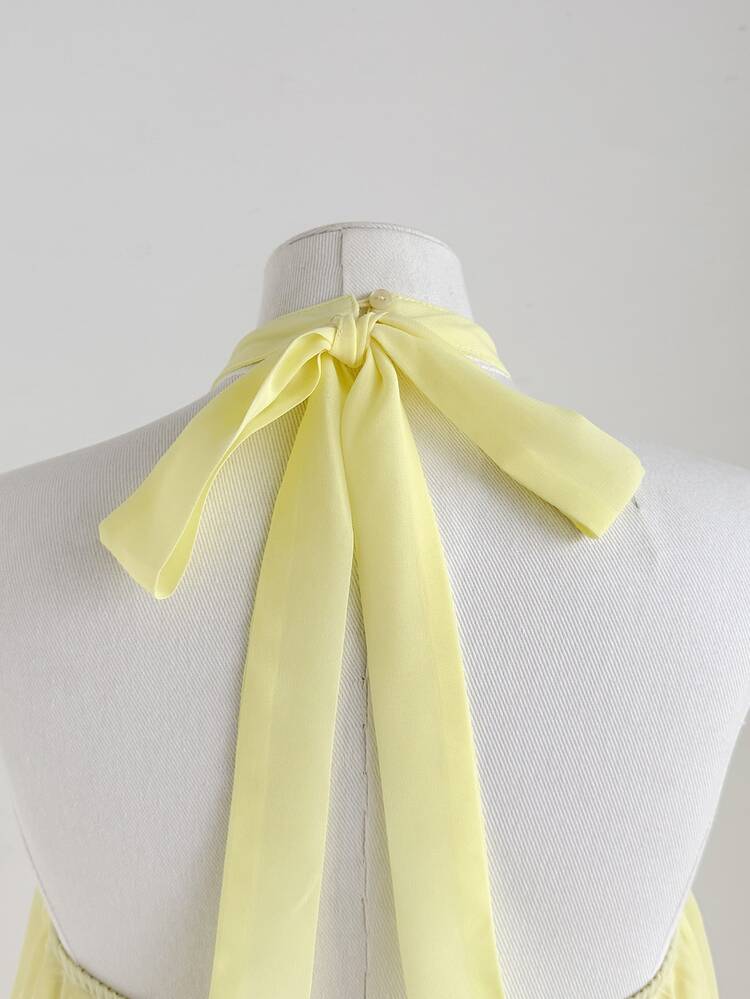 SHEIN Tween Girls Yellow Halter Neck Princess Dress, Versatile For Formal Occasions, Outings, Vacation, Street Wear, Suitable For Any Occasion, Sister Matching, Parent-Child Matching, Cute Girl Outfit - Yellow - View 3