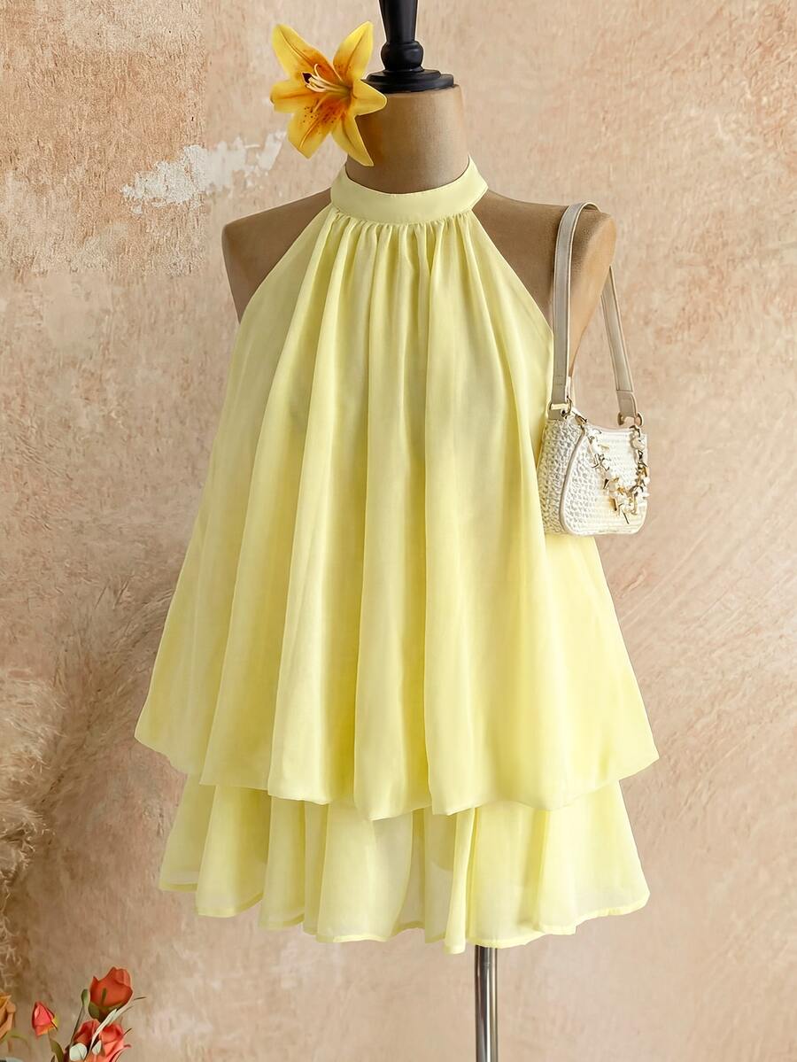 SHEIN 青少年女孩黃色掛脖公主裙,適用於正式場合、外出、度假、街頭穿搭,適合任何場合,姐妹款、親子款,可愛女孩套裝 - 黃色 - 查看 1