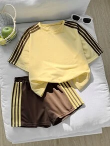 SHEIN Tween Girl LMoss 少女針織純色寬鬆短袖上衣與短褲休閒套裝 - 黃色 - 查看 2