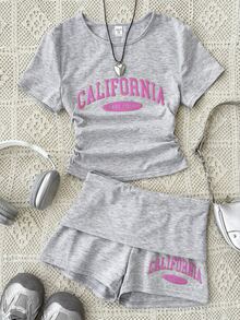 SHEIN Teen Girl 2-Piece Set: Solid Gray Knit Crew Neck Pullover + Gray Shorts, Casual, Sporty Basic Summer Outfit - Grey - View 1