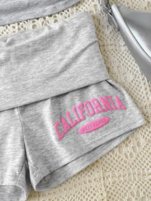 SHEIN Teen Girl 2-Piece Set: Solid Gray Knit Crew Neck Pullover + Gray Shorts, Casual, Sporty Basic Summer Outfit - Grey - View 6