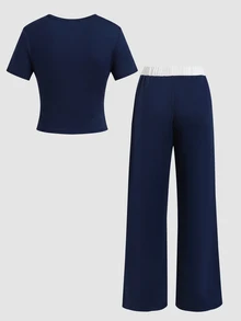 SHEIN 青少年女孩休閒針織套裝 皇家藍短袖T恤搭配寬鬆長褲套組 - 寶藍色 - 查看 3